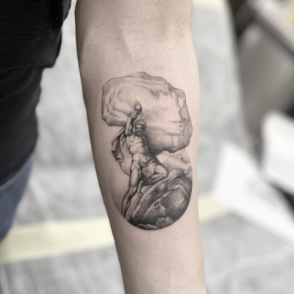 Forearm Black Ink Sisyphus Tattoo