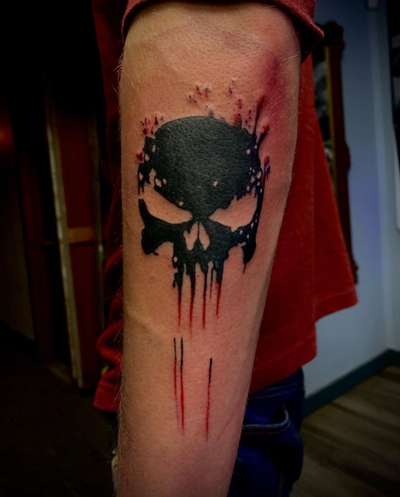 Forearm Punisher Tattoo Designs Black & Red Tattoo