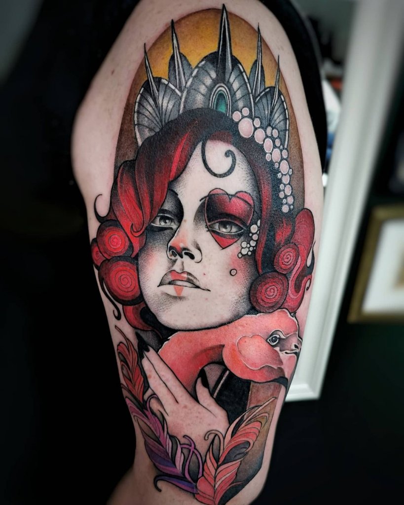Large Shoulder Queen Of Hearts Tattoo Idea