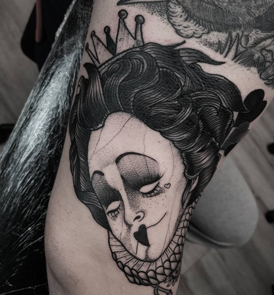 Leg Black Ink Tattoo Queen Of Hearts
