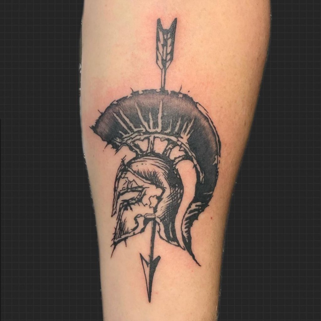 Black and white antient greek warrior with helmet and spear tattoo on  Craiyon
