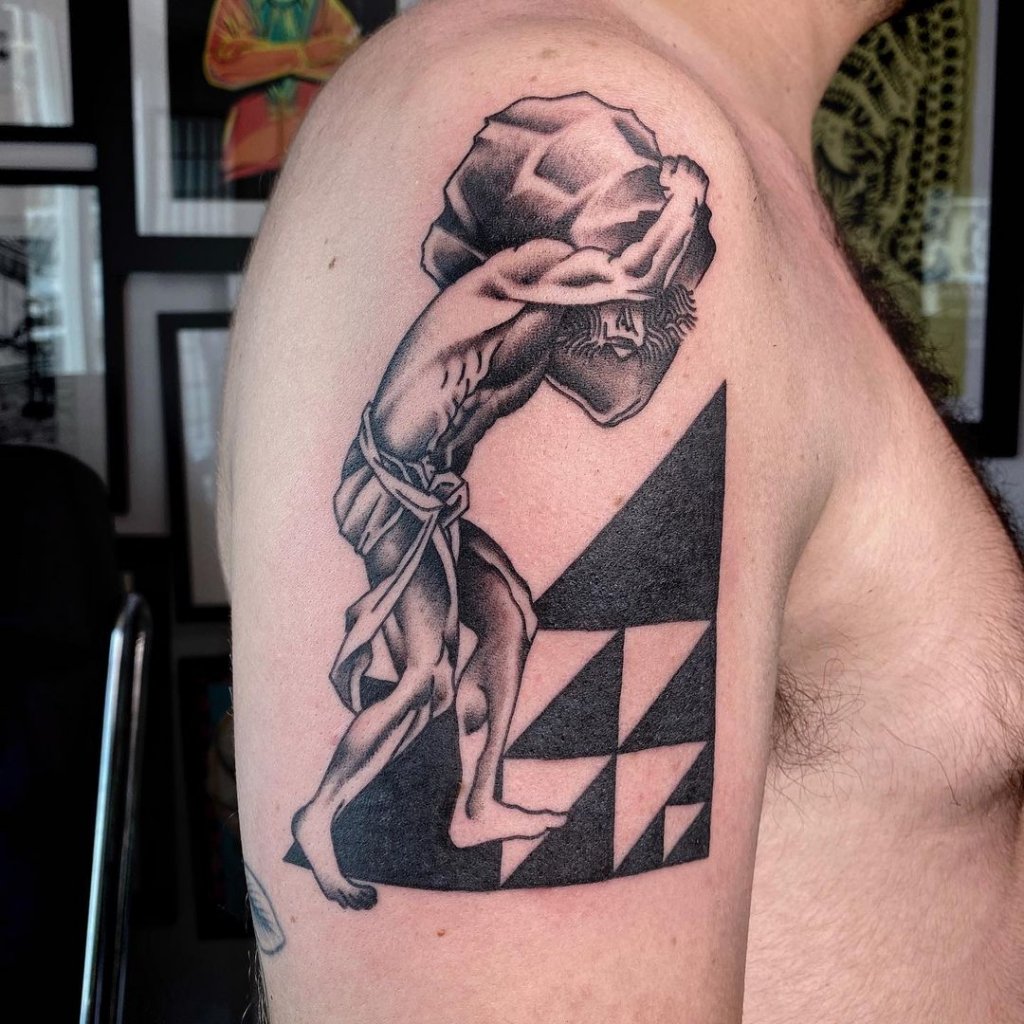 Shoulder Dramatic Sisyphus Tattoo Black Grey Ink