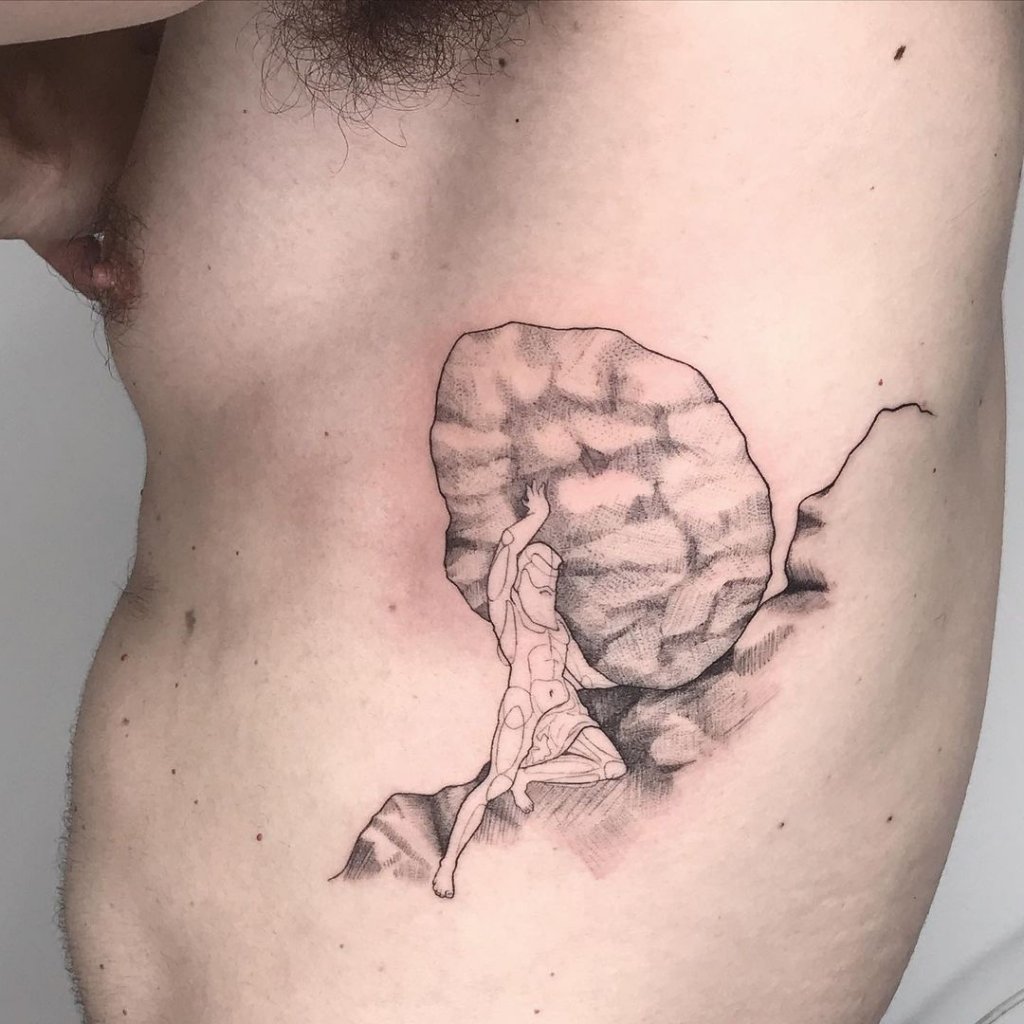 Side Stomach Sisyphus Tattoo Black Ink