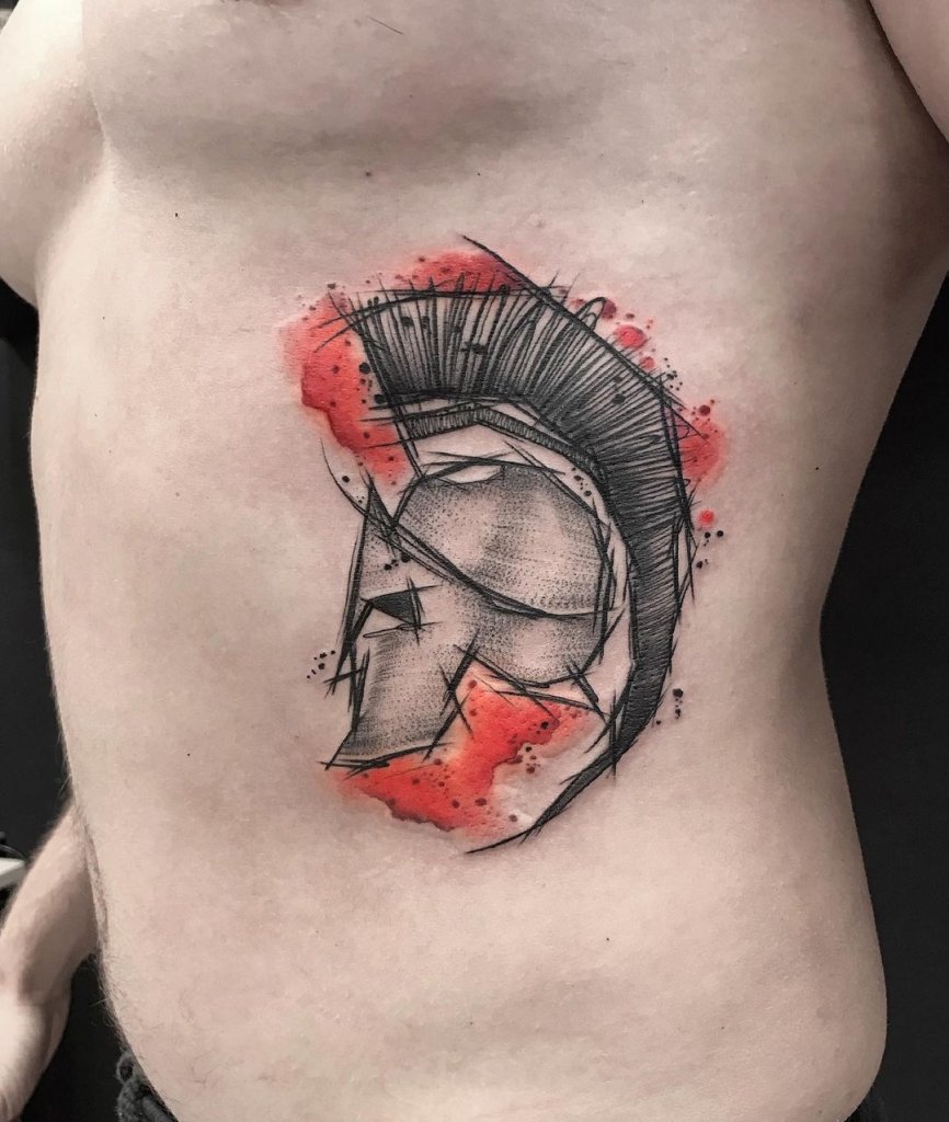 Spartan Helmet Stomach Tattoo Designs