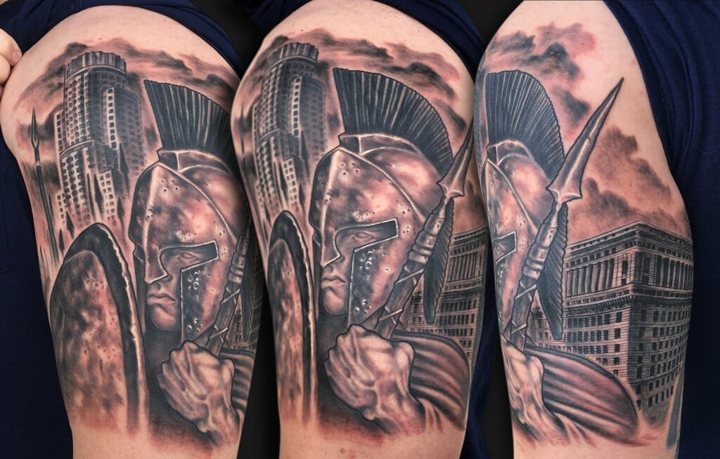Unleash your inner warrior with this powerful Spartan tattoo 🛡️⚔️ By Ryan  Jenkins For information contact @brianseventattooveg... | Instagram