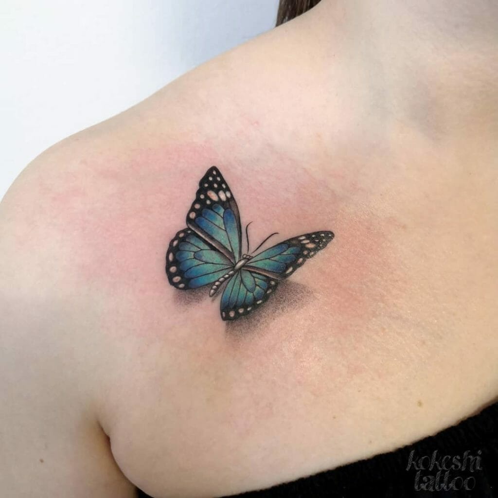 3D Black And Blue Butterfly Tattoo