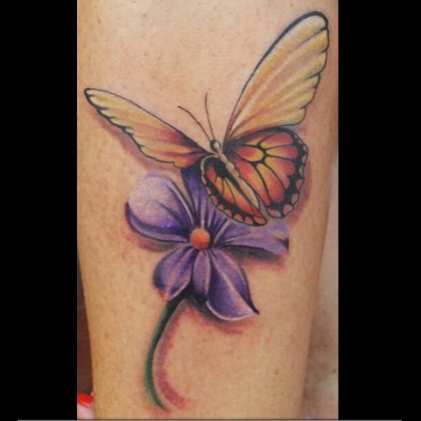 3d Butterfly Tattoo With A Flower