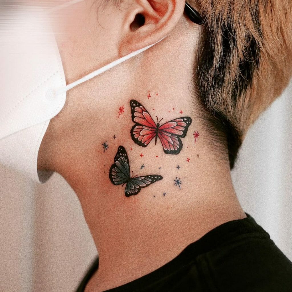 A Pair of Butterflies Tattoo On Neck