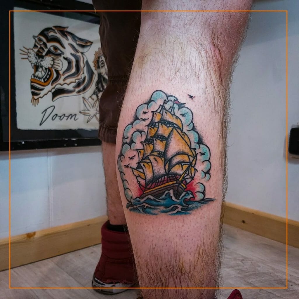 American Traditional Tattoo Of Boats
