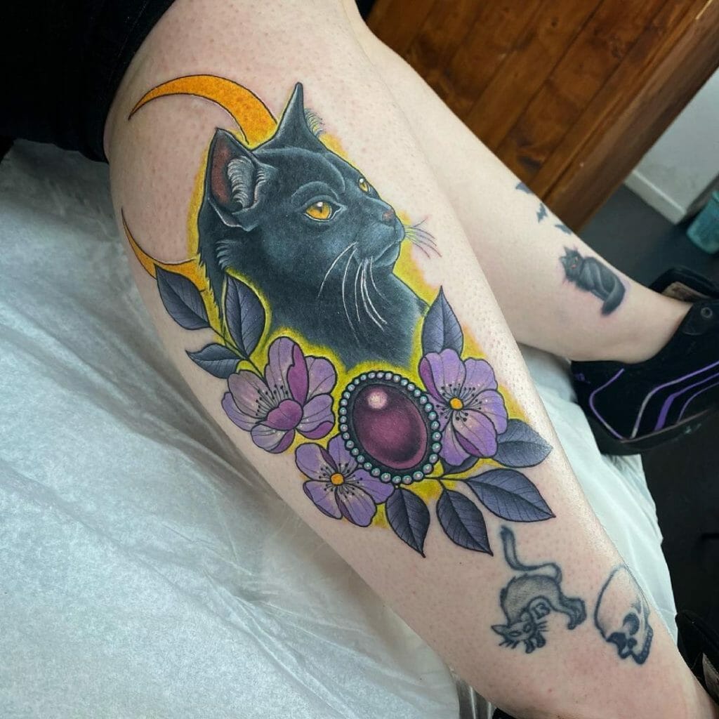 Appealing Floral Black Cat Tattoos