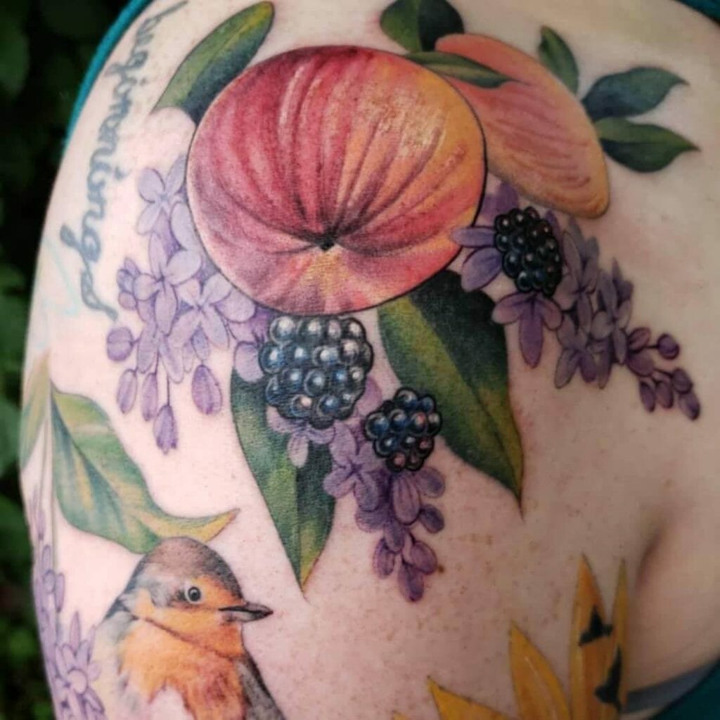 Apple Grapes Lavender Flowers Tattoo