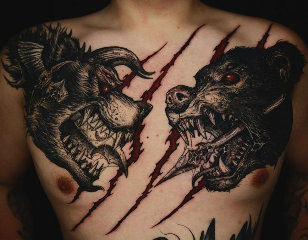 Astonishing Bear And Wolf Tattoo For The Fighter In You