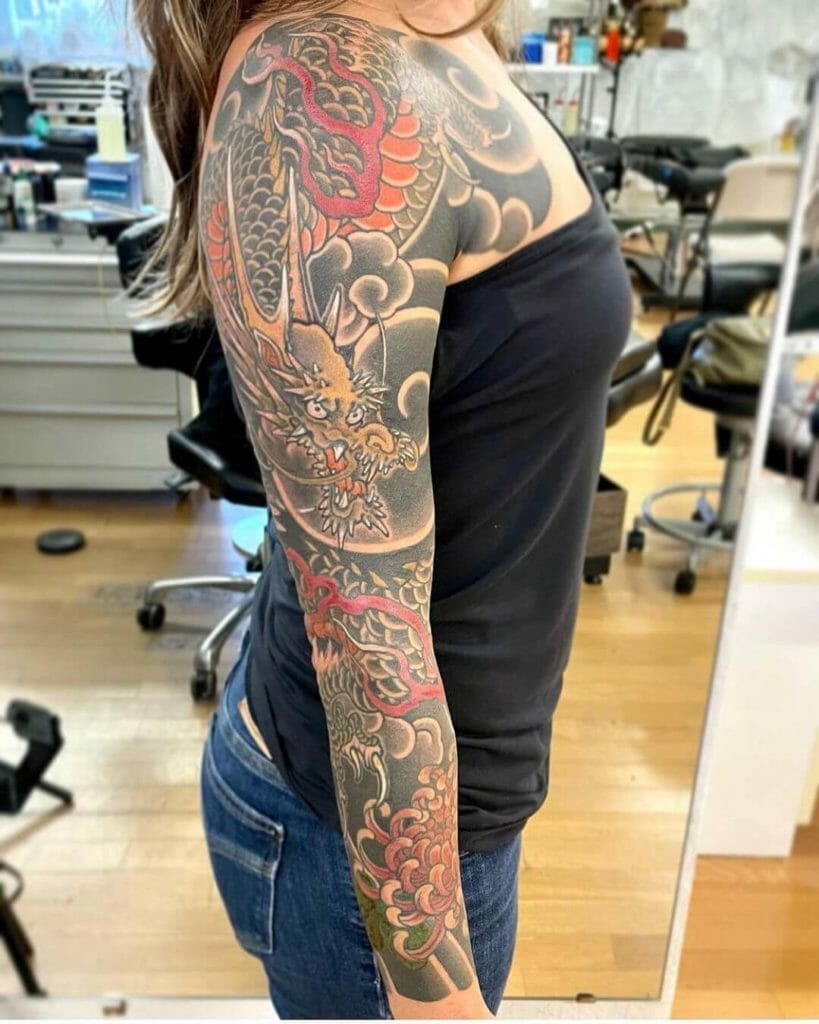 Awesome Colorful Japanese Full Sleeve Arm Tattoo Idea