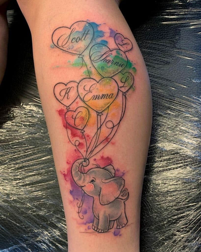 Watercolor elephant and balloons tattoo on the ankle