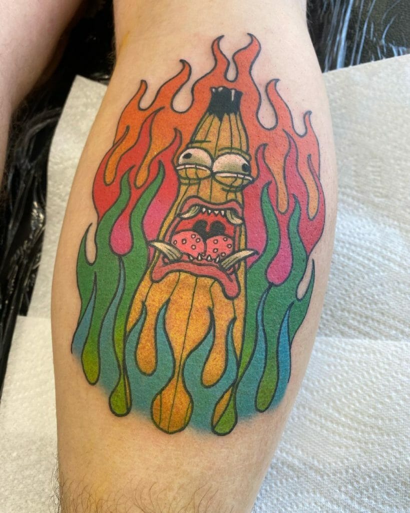 Banana Tattoo With Burning Flames
