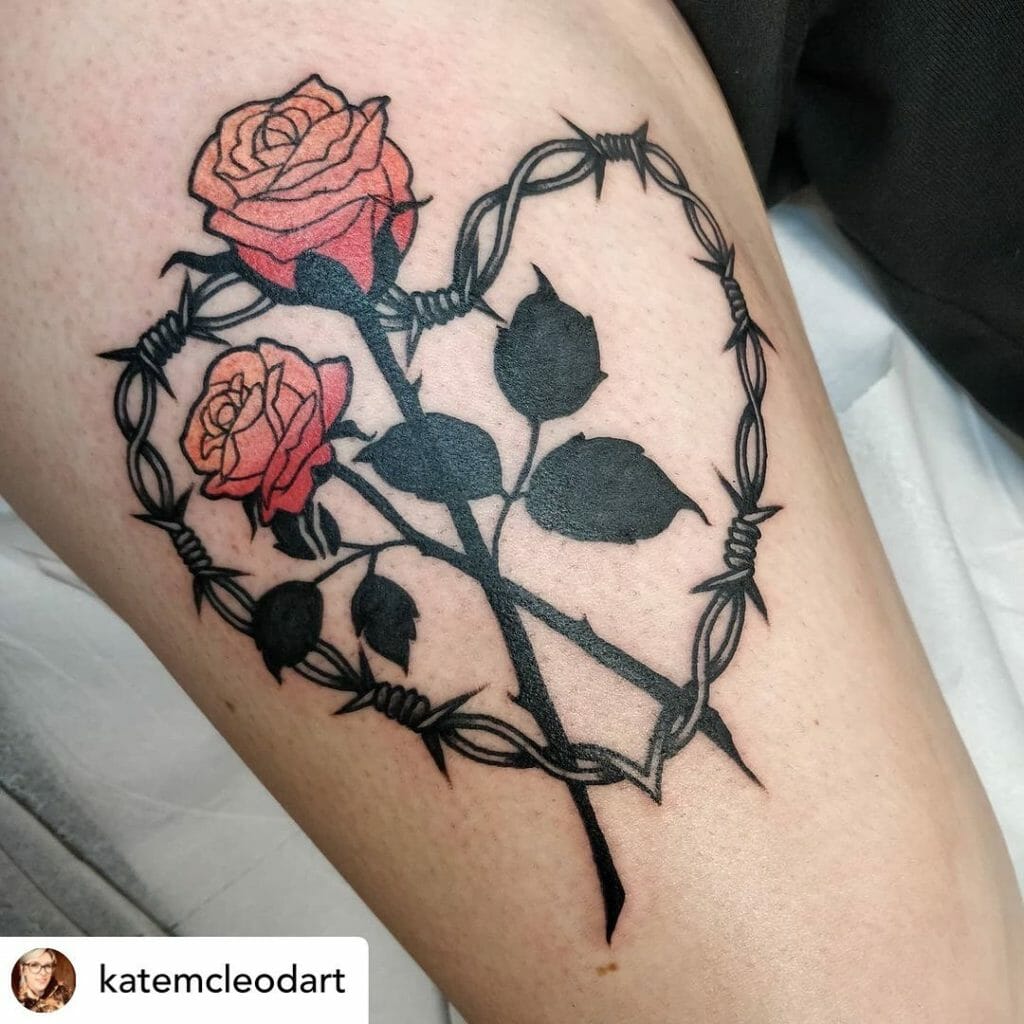 Barbed Wire Heart Tattoo With Rose