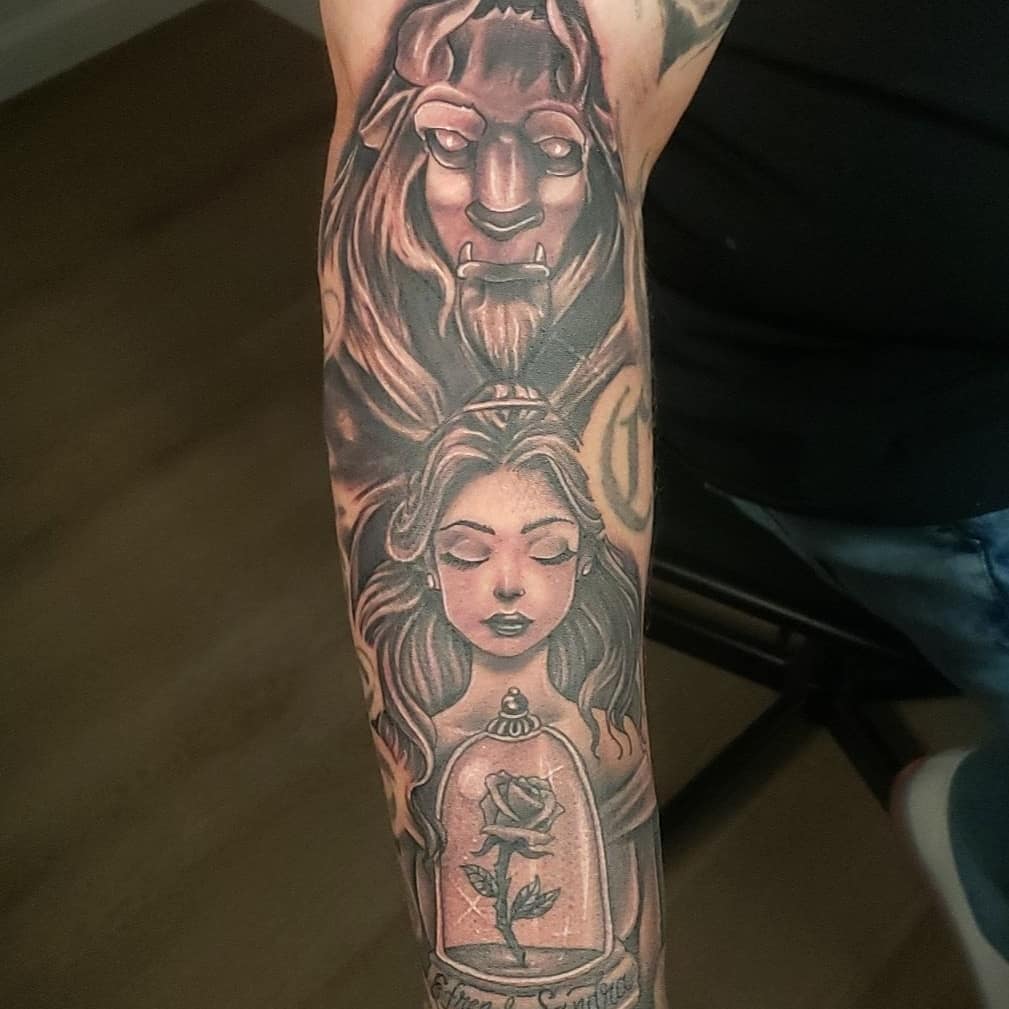 Beauty And The Beast Rose Sleeve Tattoo