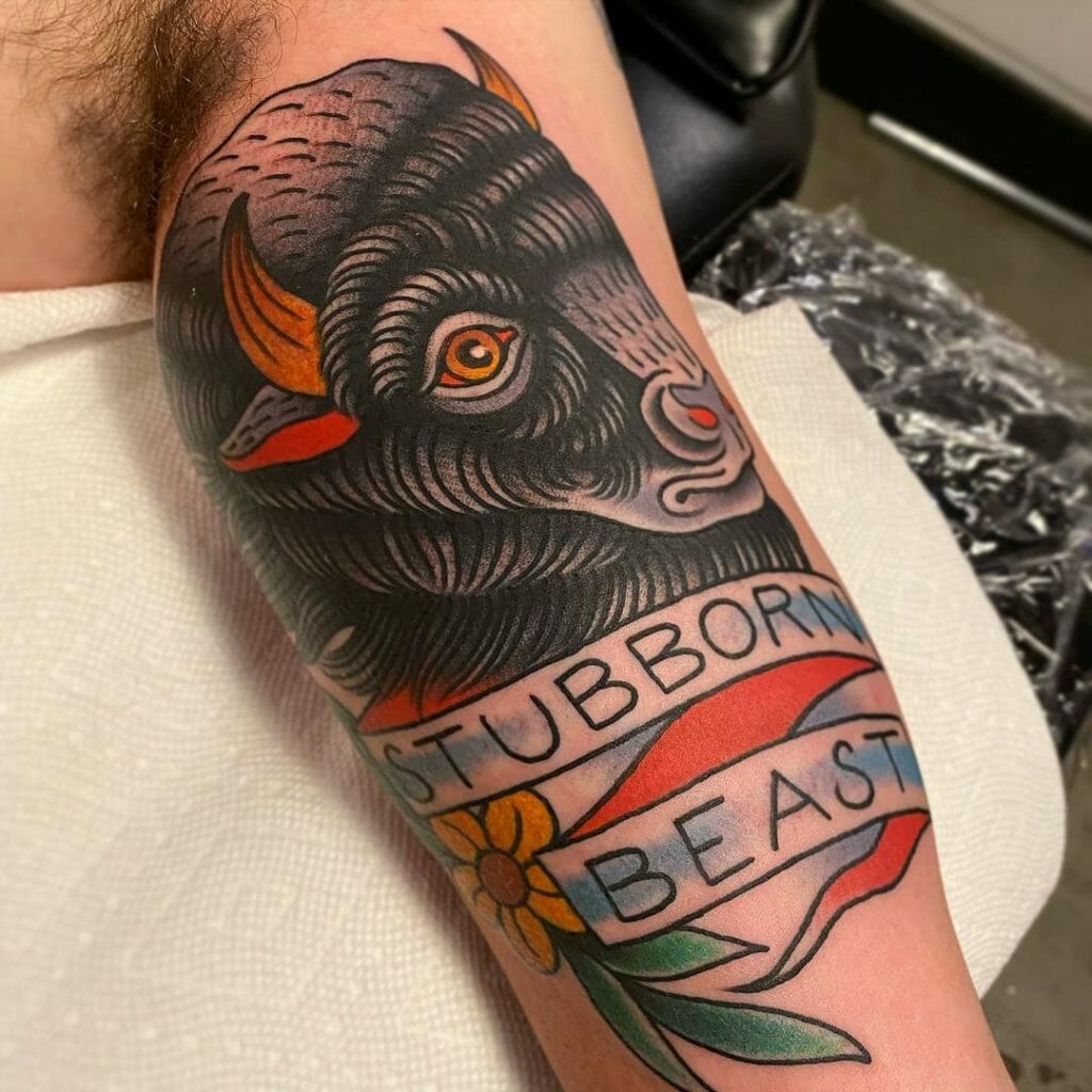 Bison Tattoo With Short Texts