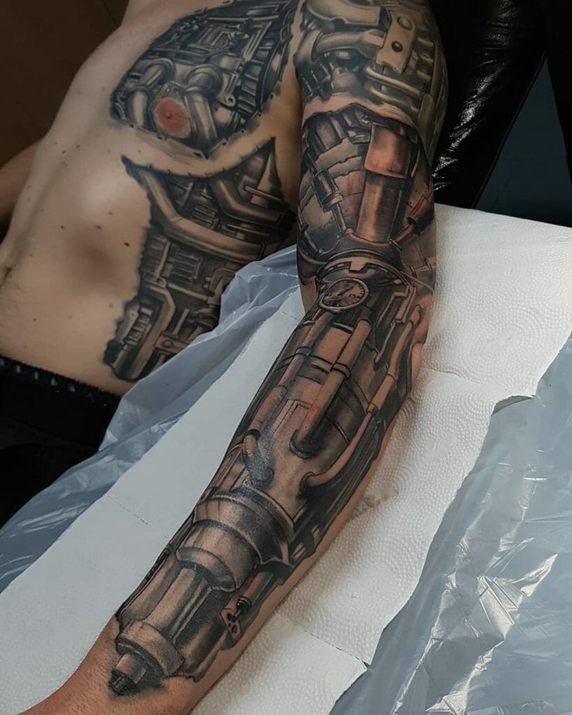 Black And Grey 3D Robot Arm Tattoo Sleeve Tattoo Designs For Men And Women
