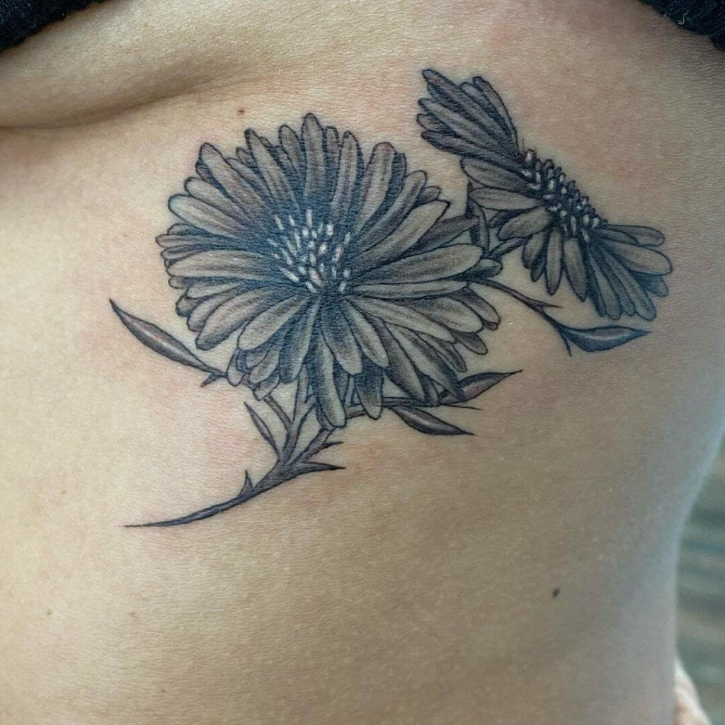 Black And Grey Aster Flower Tattoo