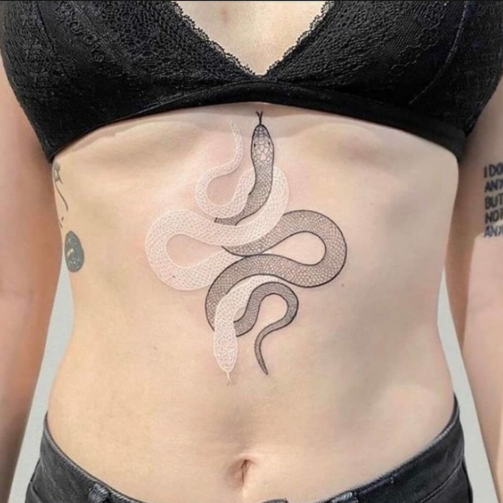 Black And White Entangled Snakes Stomach Tattoo