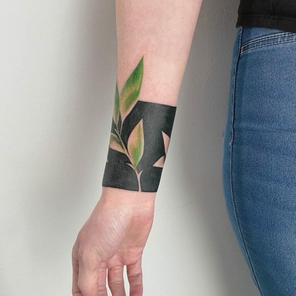 Black Band Tattoo With Leaf
