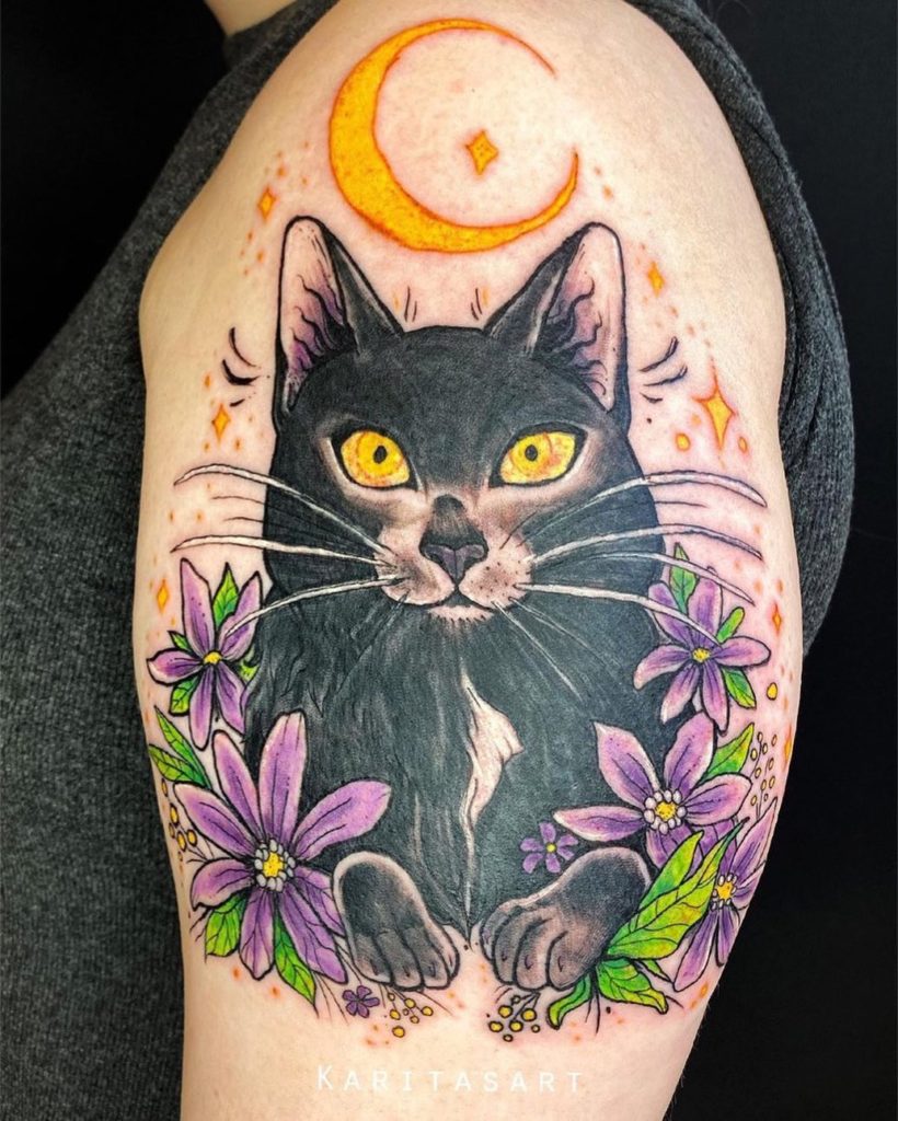 Black Cat With Flowers Tattoo