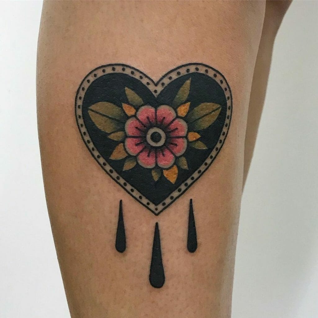 Black Heart Tattoo With Flower