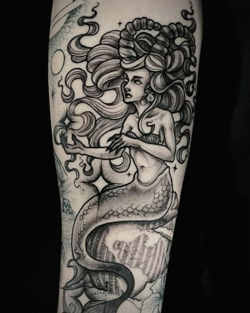 Black Mermaid Capricorn Tattoo
