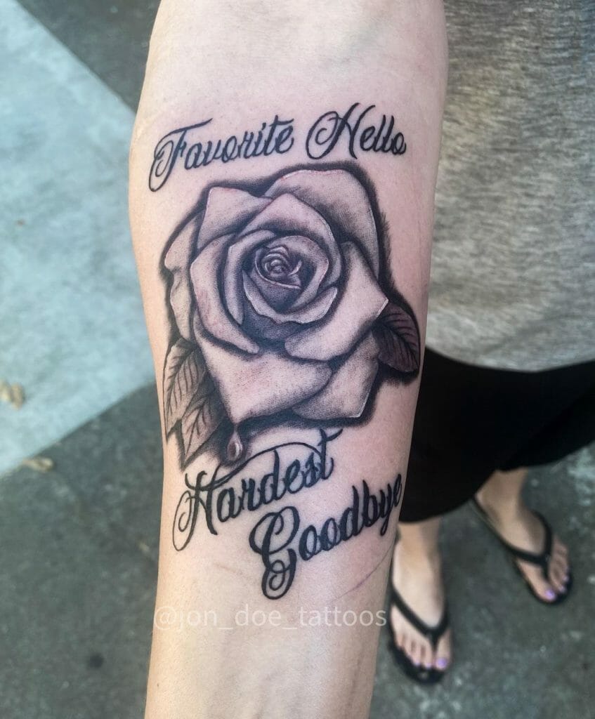 Black and Grey Rose Tattoo Design With Quote