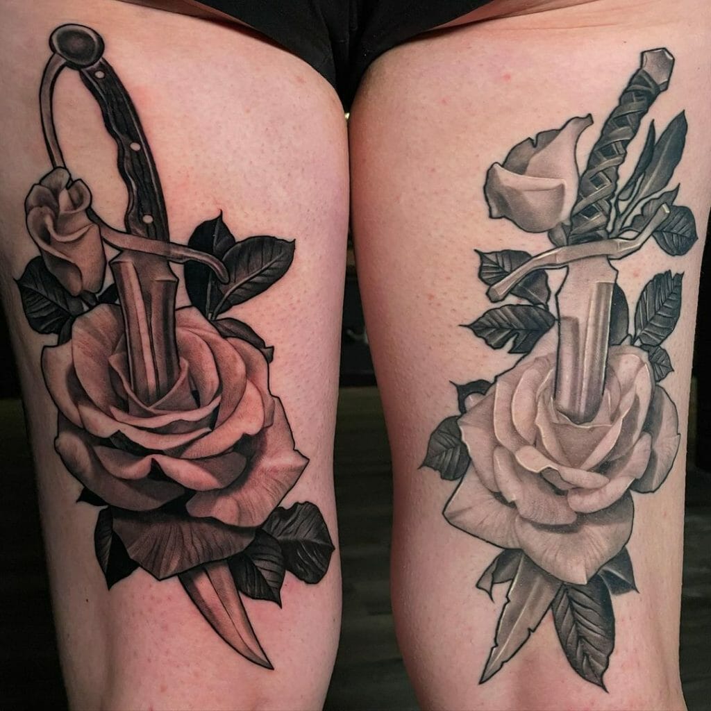 Black and Grey Rose Tattoo With Dagger