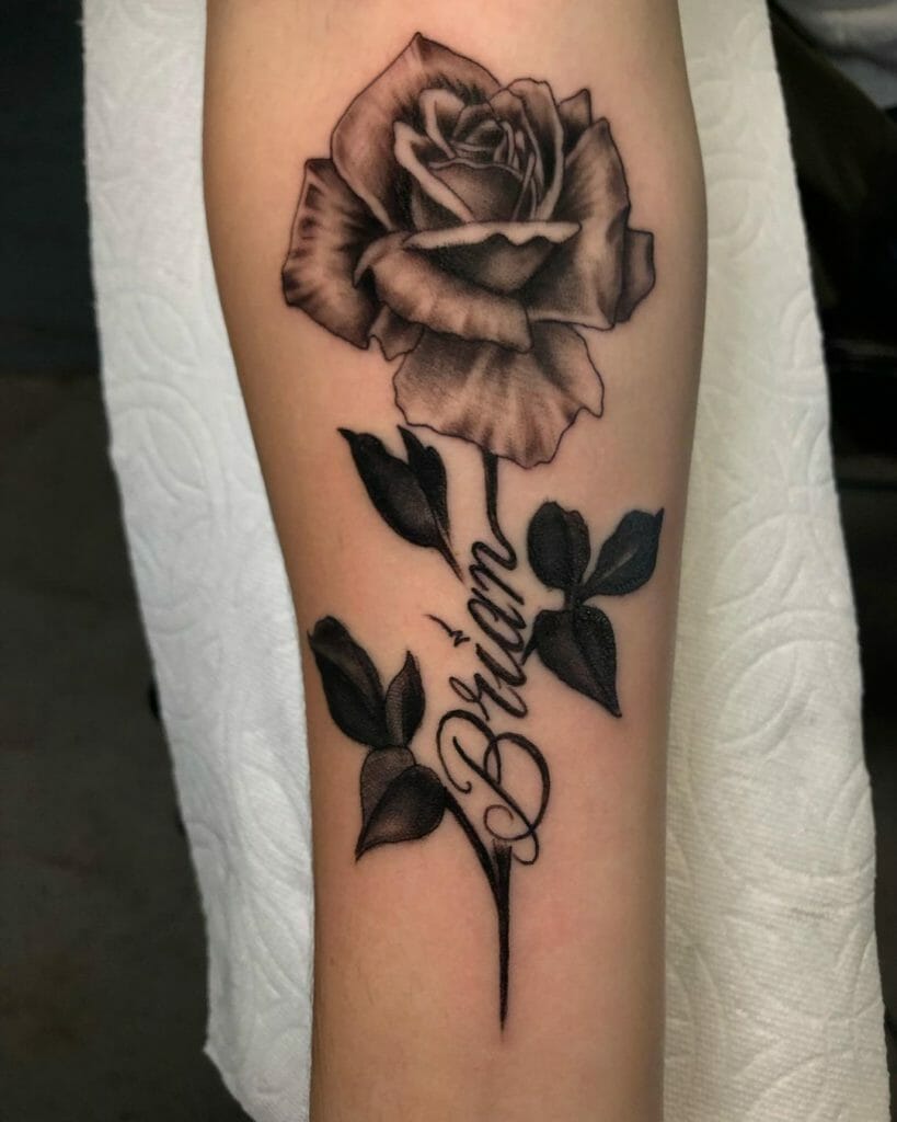 Black and Grey Rose Tattoo With Name