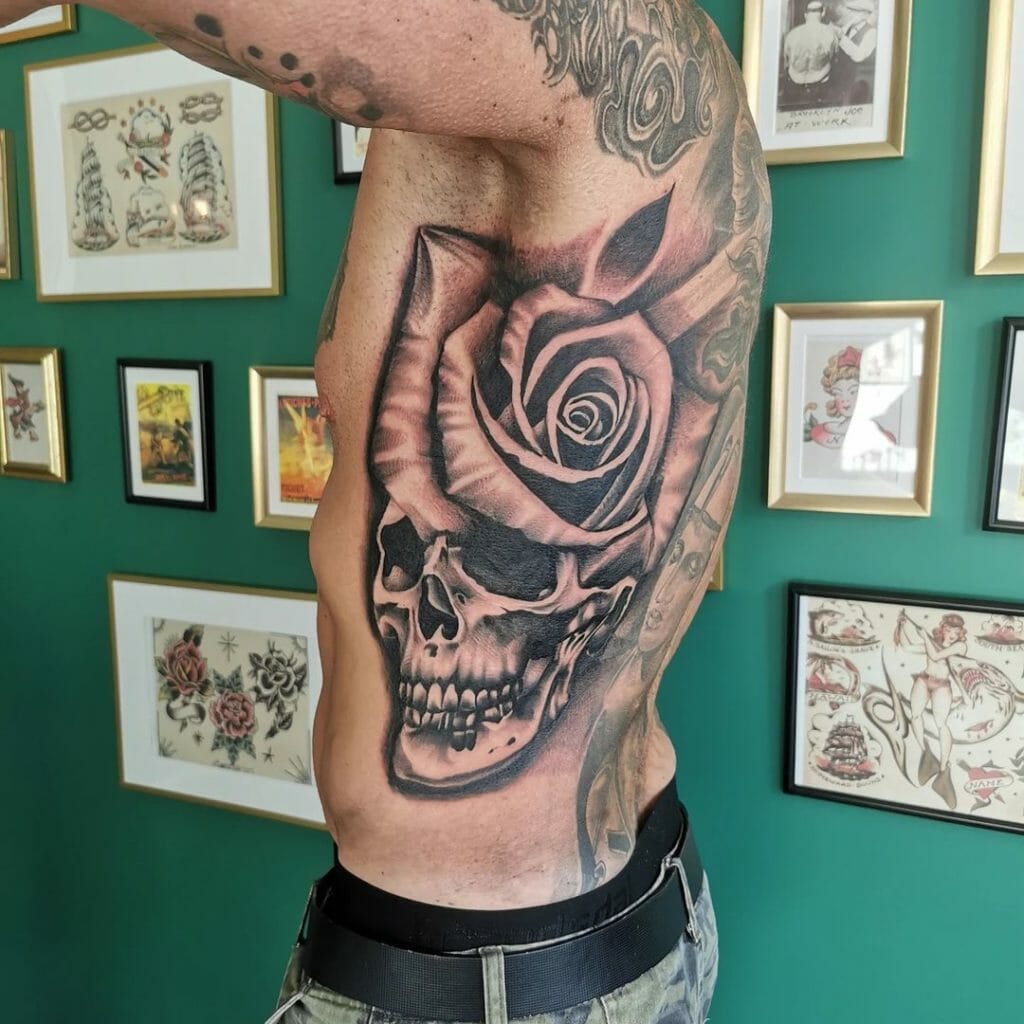 Black and Grey Rose Tattoo With Skull