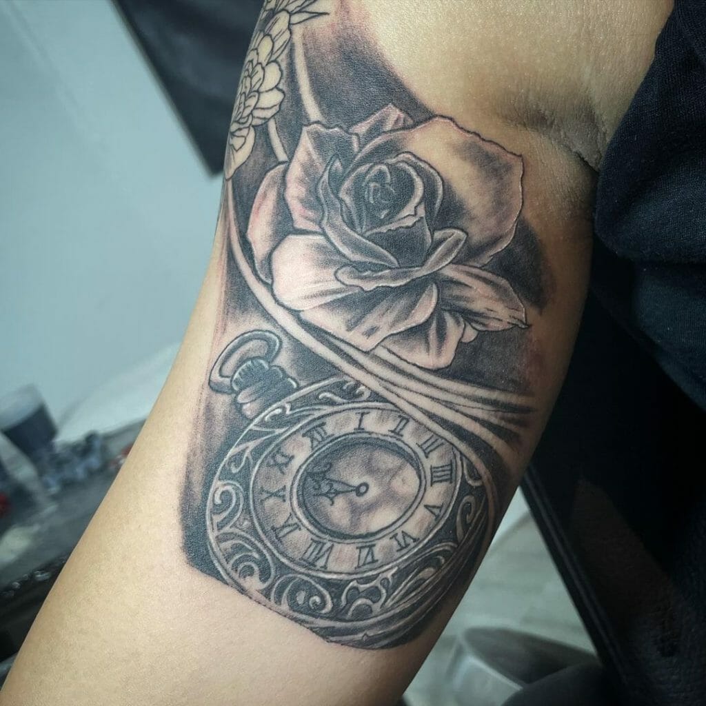 Black and Grey Rose Tattoo With Stopwatch