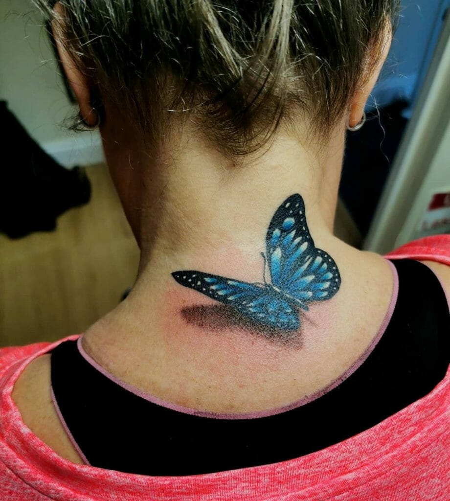 Blue Butterfly Tattoo On Back Of Neck