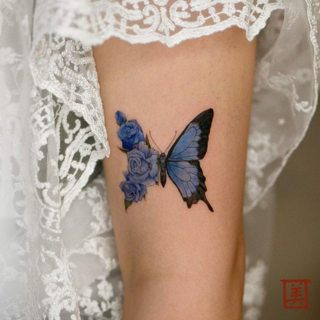 Blue Rose Butterfly Tattoo