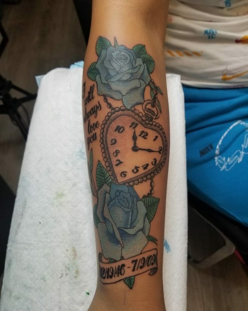 Blue Rose With Clock Tattoo