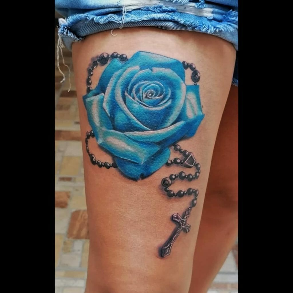 Blue Rose With Cross Tattoo