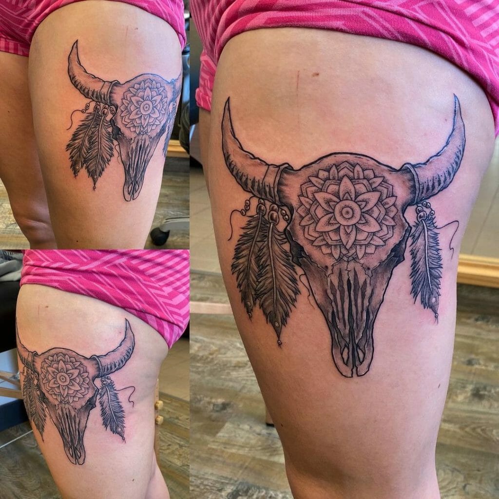 Bull Skull Tattoo With Feathers