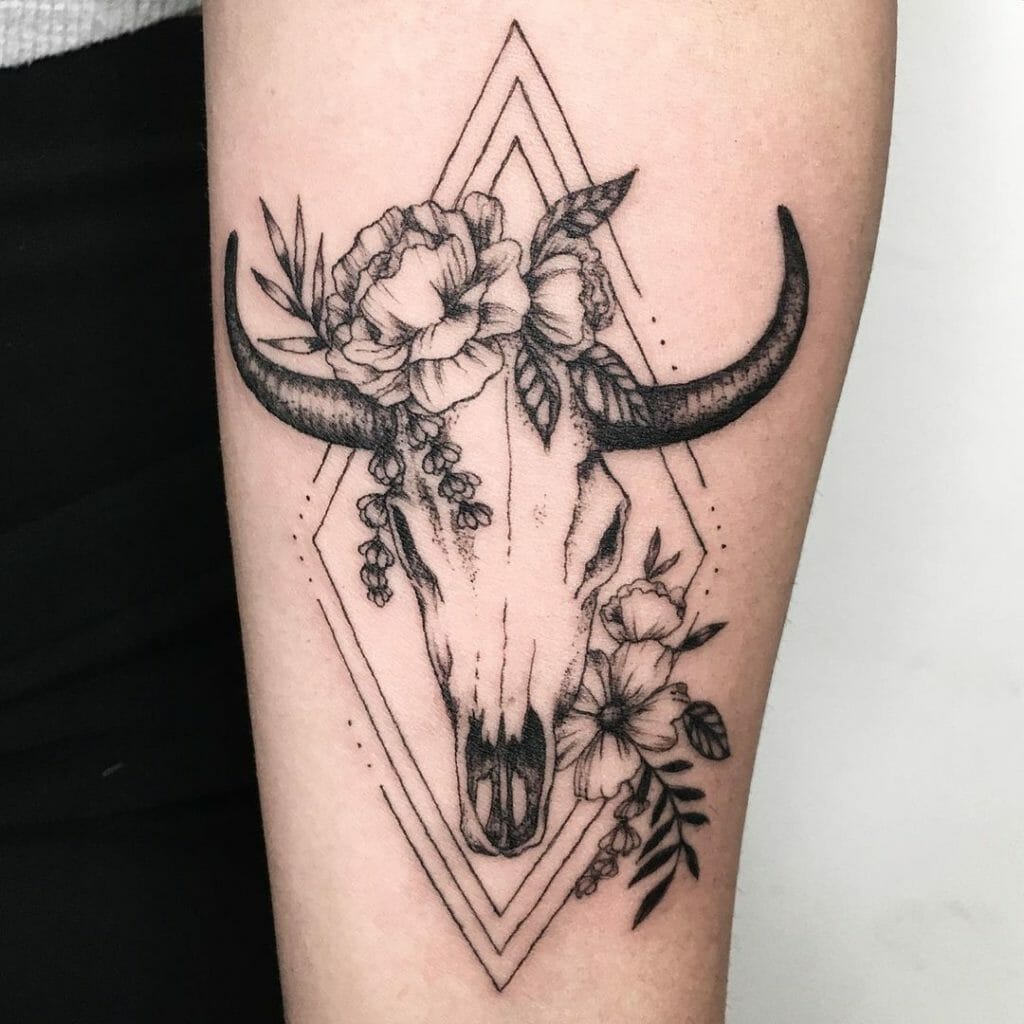 Bull Skull Tattoo With Flowers