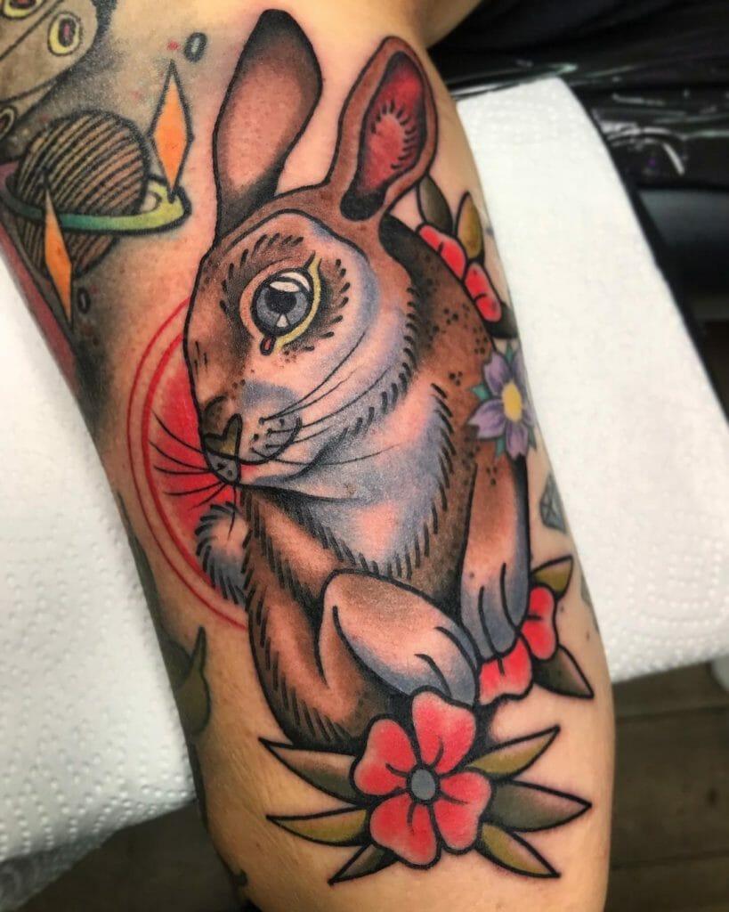 Bunny Tattoo With Flowers