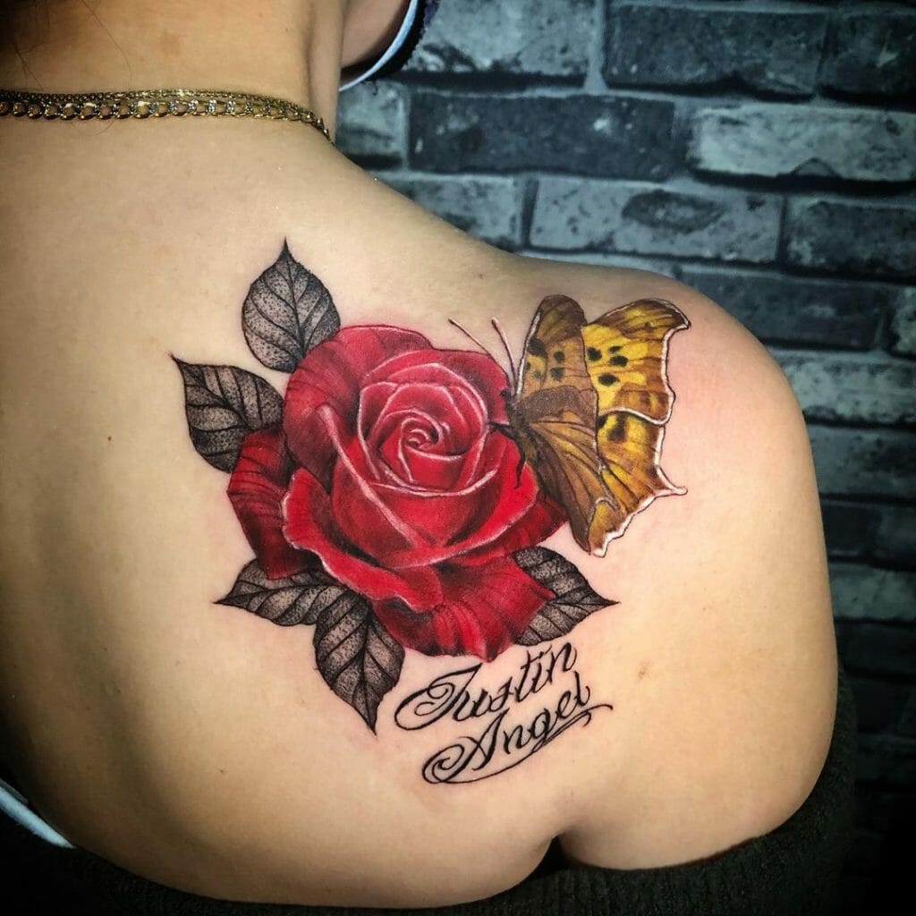 Butterfly On A Crimson Red Rose Tattoo