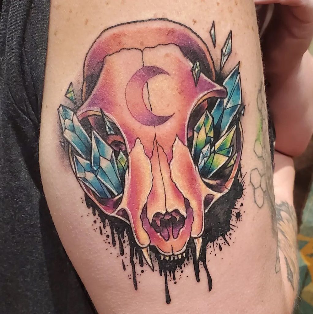 Cat Skull With Crystal Tattoo