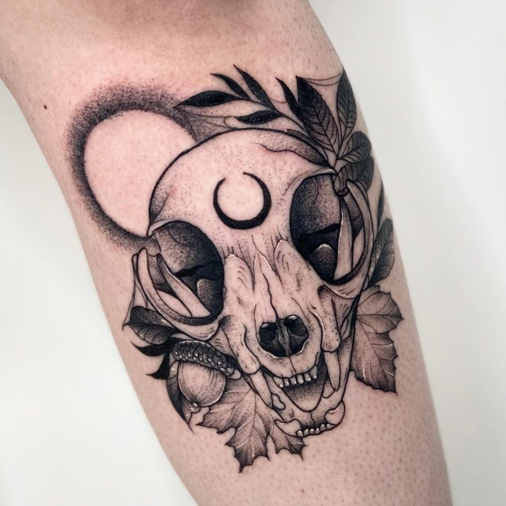 Cat Skull With Moon Tattoo