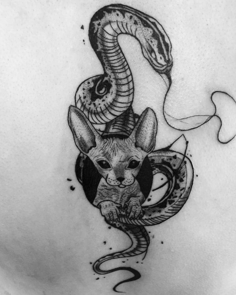 Cat Surrounded By A Serpent Tattoo Designs