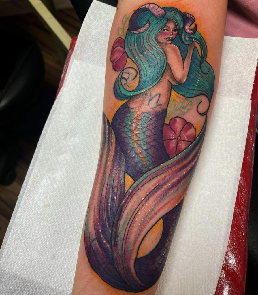 Colored Capricorn Mermaid Tattoo