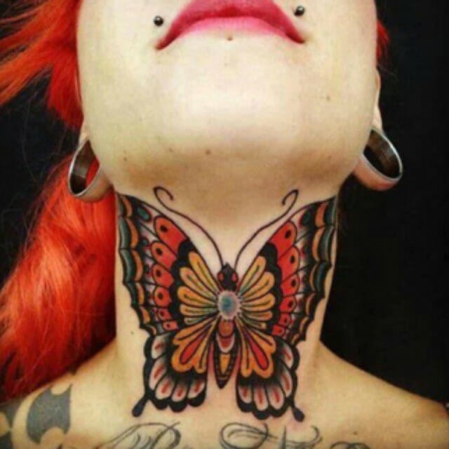 Colorful Butterfly Neck Tattoo