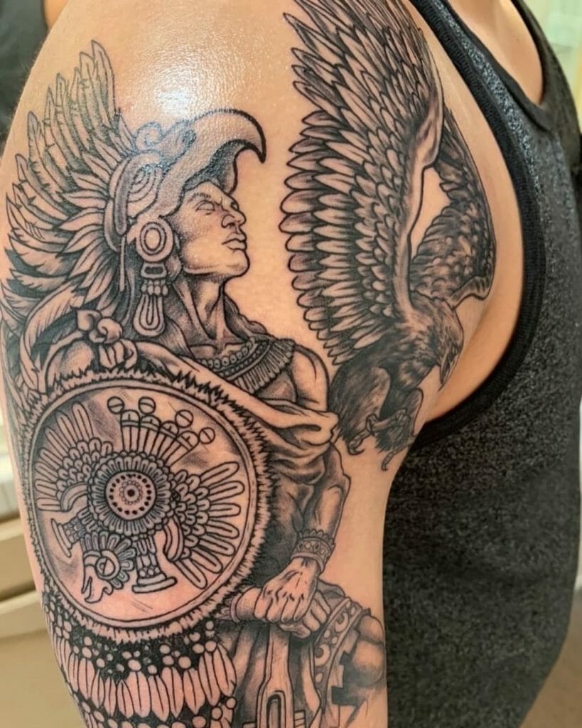 Complex Aztec Tattoo Representing The Animals And Birds Of The Culture