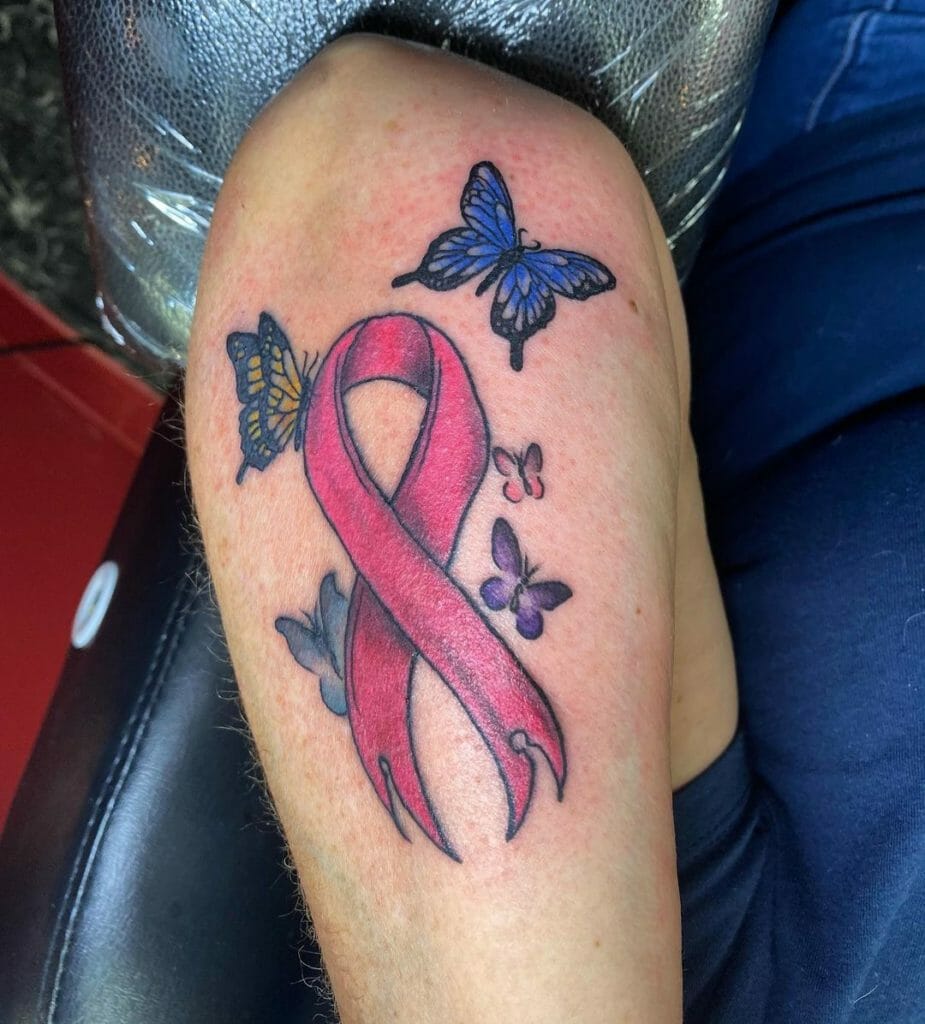 Delicate Breast Cancer Ribbon Tattoo Designs With Butterfly Motif