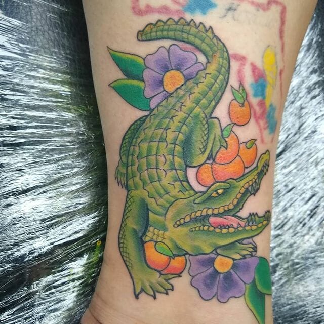Floral And Fierce Alligator Tattoo